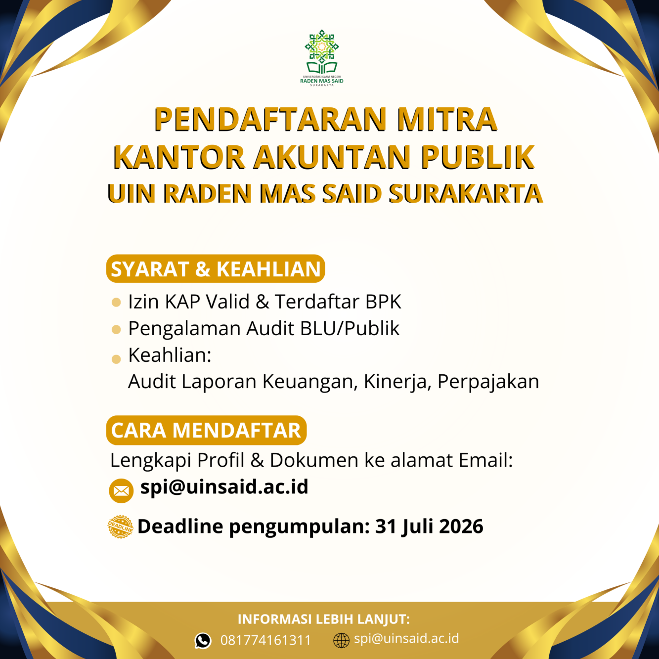 Pembukaan Pendaftaran Mitra Kantor Akuntan Publik (KAP) UIN Raden Mas Said Surakarta